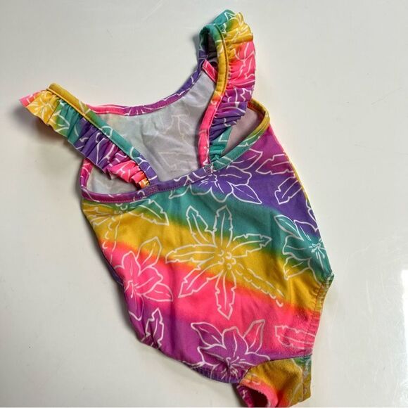 Vintage Peak 90s Neon Rainbow Ruffle One Piece Swim Suit - Picture 2 of 4